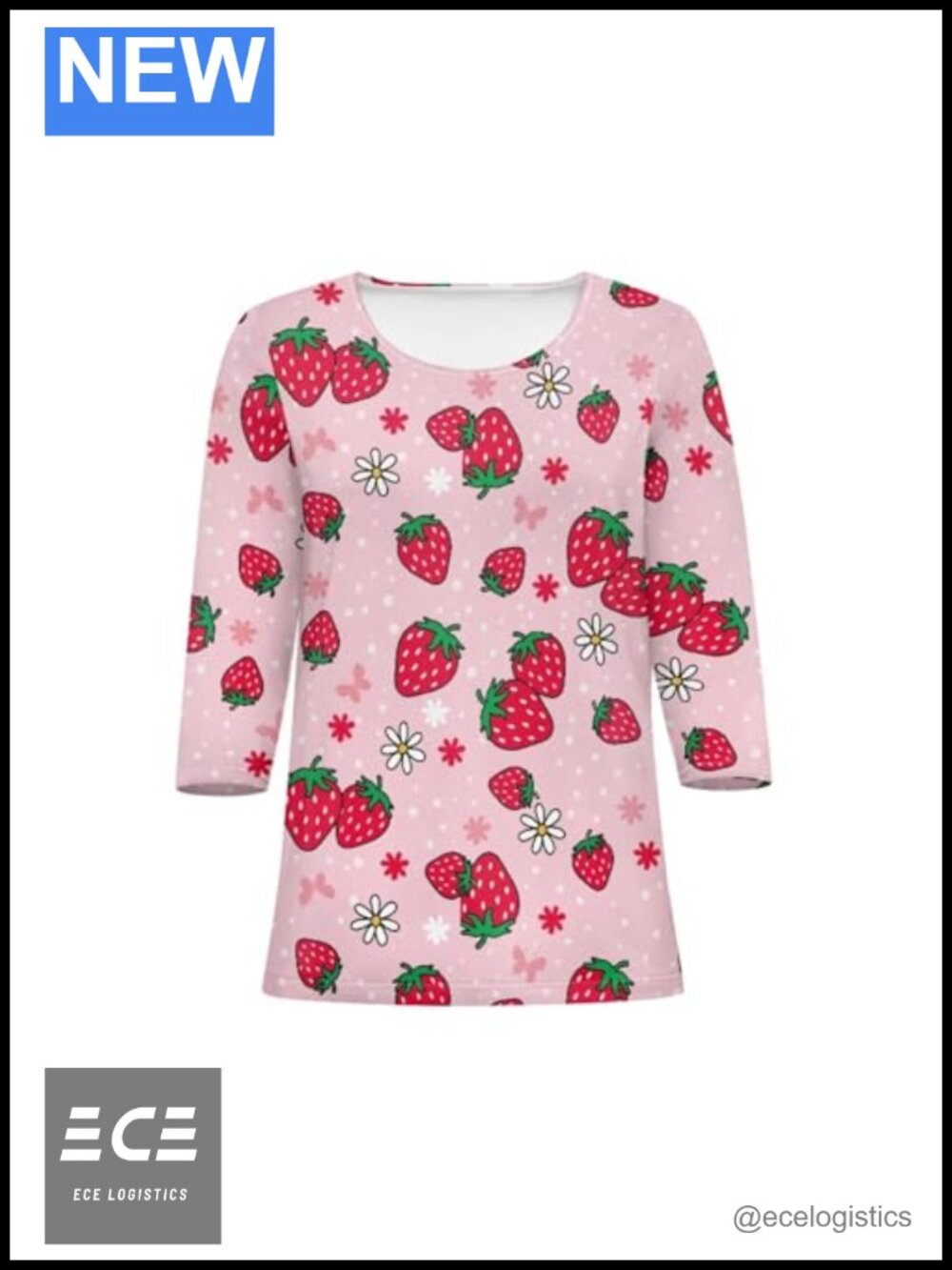 Women's 3/4 Sleeve Tunic Top Crew Neck Cartoon Strawberry Print Casual Loose